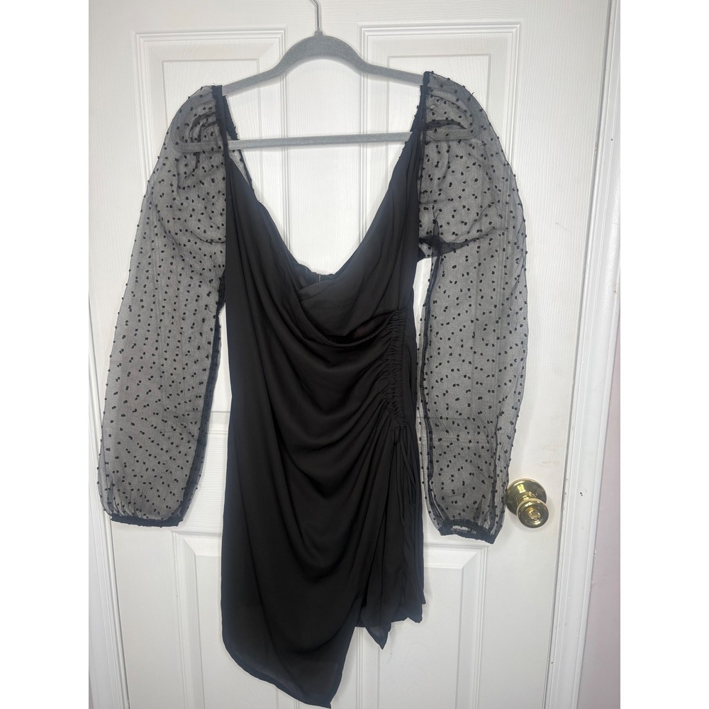 Altar'd State Mini Dress Sheer Dot Sleeve Ruched Black Romantic Large - Picture 2 of 11